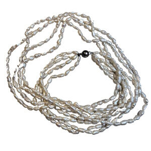 Vintage Freshwater Rice Pearl 4 Strand Necklace Silver tone Ball Clasp Long 24"